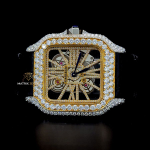 Premium leather Band VVS Moissanite Skeleton Watch with Black Color Strap Battery Operated Watch